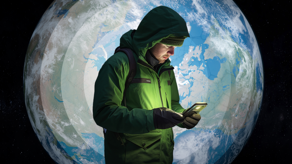 Image shows a man dressed in a green jacket looking at a phone that lights him up. The background shows a map of the Arctic region in a circular shape.