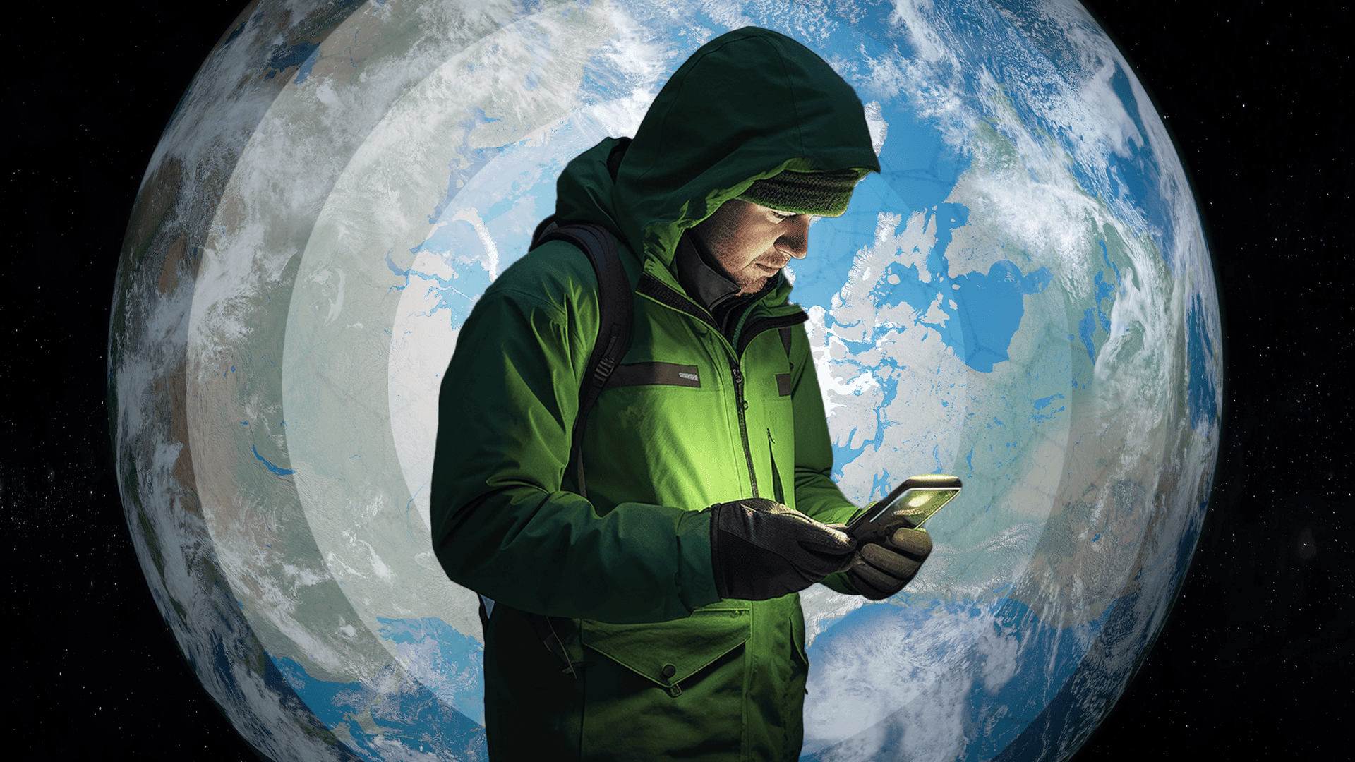 Arctic Frontiers: Image shows a man dressed in a green jacket looking at a phone that lights him up. The background shows a map of the Arctic region in a circular shape.