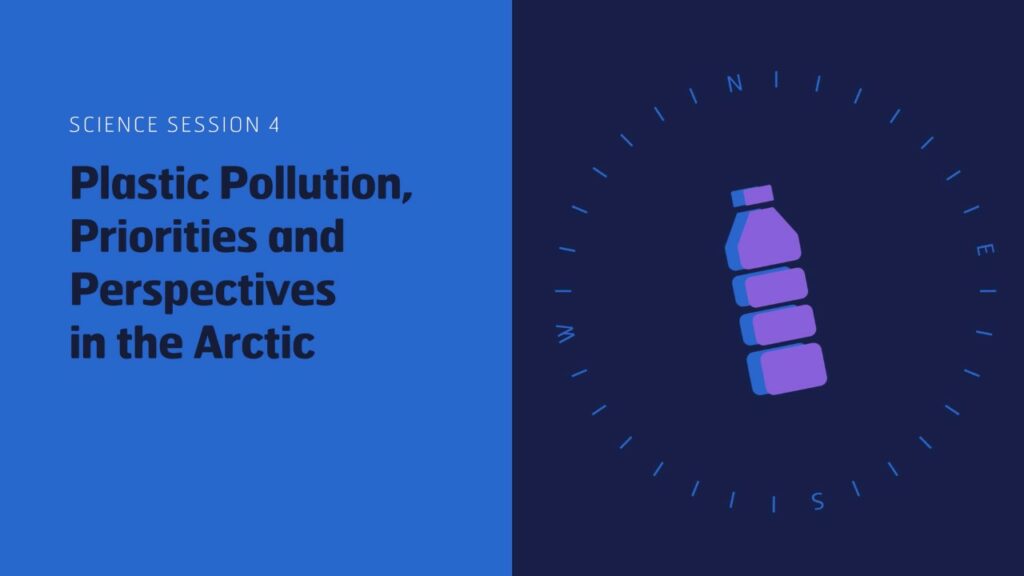 The image shows the text "Plastic Pollution, Priorities and Perspectives in the Arctic" The illustration shows a bottle inside a compass.
