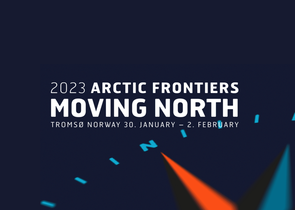Image with text "Arctic Frontiers 2023 Moving North conference" and a compass rose in the background