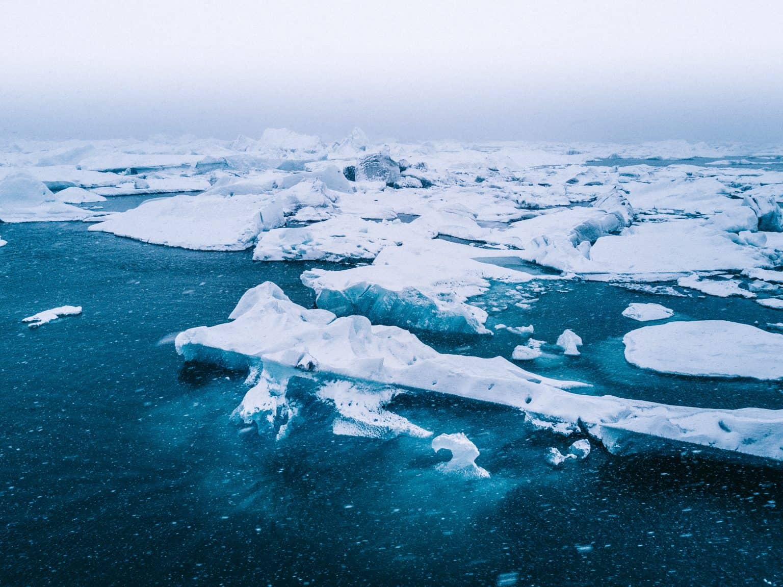 sea ice and ice bergs float in a dark blue ocean. Cloudy sky above.