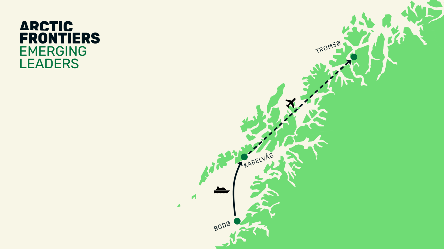 Arctic Frontiers - Map shows route from Bodø to Tromsø via Kabelvåg, with ship and aeroplane icons, highlighting the journey of Emerging Leaders for the Arctic Frontiers event.