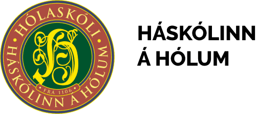 Arctic Frontiers - Round crest with gold “H” and Icelandic text beside bold words “HÁSKÓLINN Á HÓLUM” on white background, representing an academic environment welcoming both local and international students.