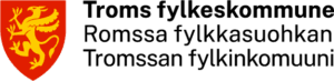 Arctic Frontiers - Troms county logo with yellow griffin on a red shield and text in Norwegian, Sami, and Kven languages, reflecting the region’s EU connections.