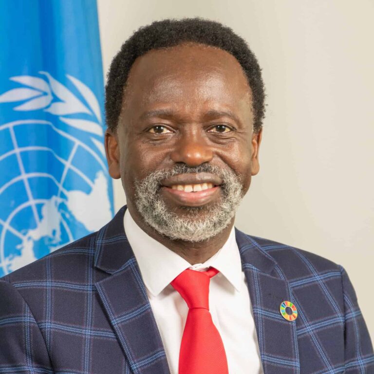 Arctic Frontiers - Smiling man in a suit and red tie, standing in front of a United Nations flag.