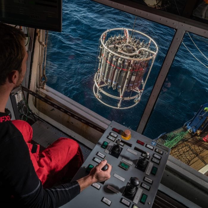 Esther Horvath _ Alfred Wegener Institute_ArcWatch Expedition_009 Deck crew deploys CTD for conductivity, temperature and density measurements in the water at different depths.